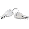 Two silver metal keys on a split keyring with the number 004 debossed into them, photographed on a clean white background.
