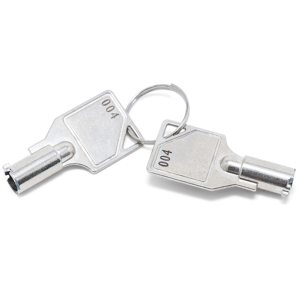 Two silver metal keys on a split keyring with the number 004 debossed into them, photographed on a clean white background.