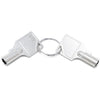 Two silver metal keys on a split keyring with the number 005 debossed into them, photographed on a clean white background.