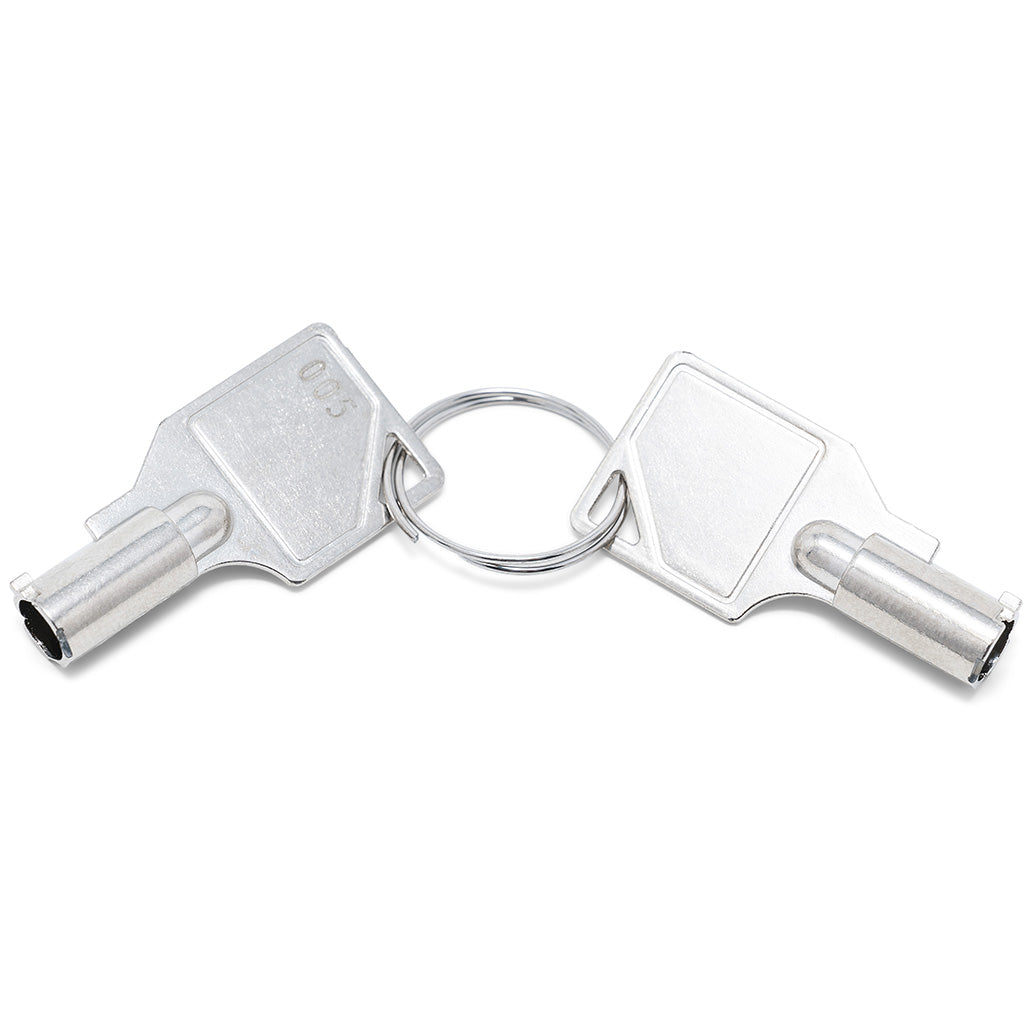 Two silver metal keys on a split keyring with the number 005 debossed into them, photographed on a clean white background.