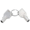 Two silver metal keys on a split keyring with the number 006 debossed into them, photographed on a clean white background.