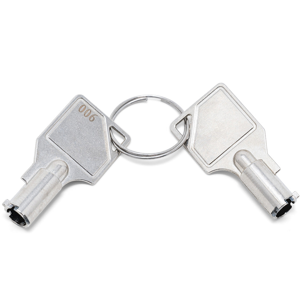 Two silver metal keys on a split keyring with the number 006 debossed into them, photographed on a clean white background.