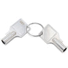Two silver metal keys on a split keyring with the number 007 debossed into them, photographed on a clean white background.
