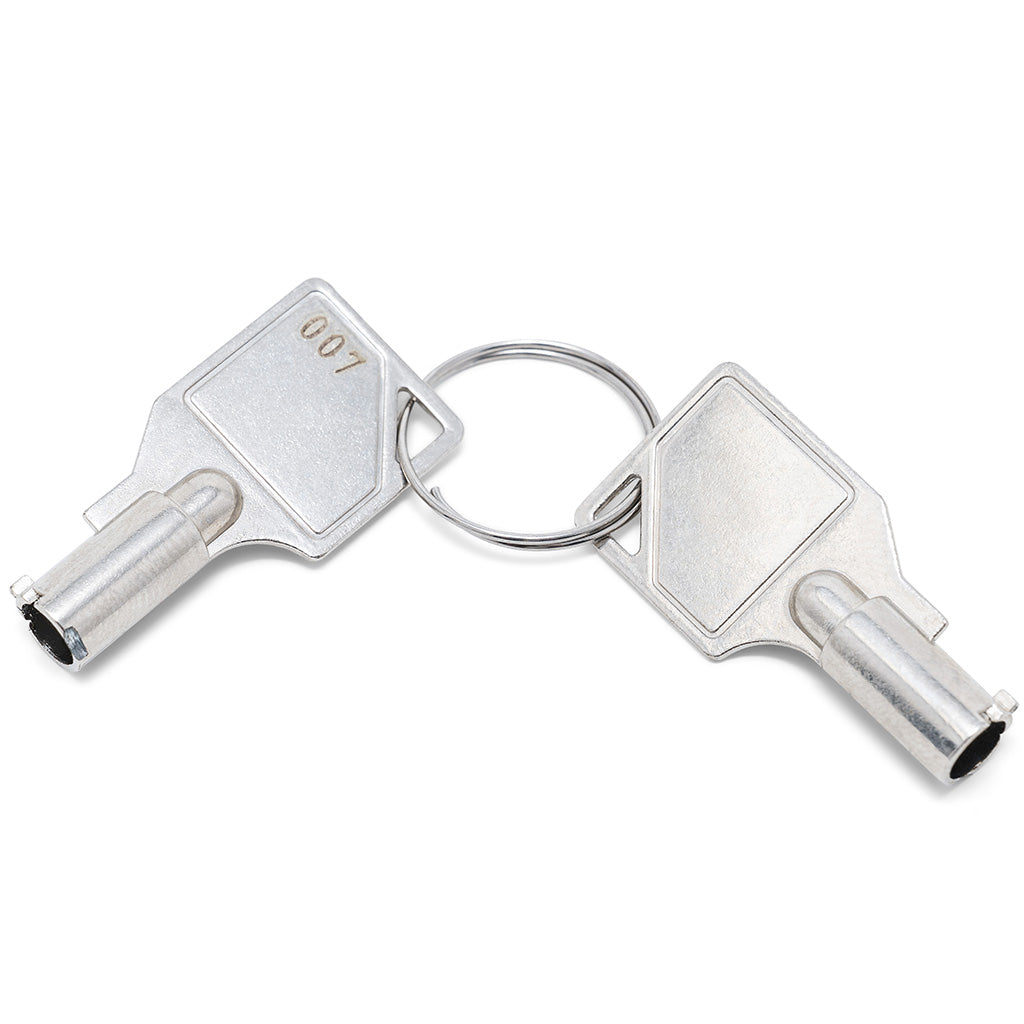 Two silver metal keys on a split keyring with the number 007 debossed into them, photographed on a clean white background.