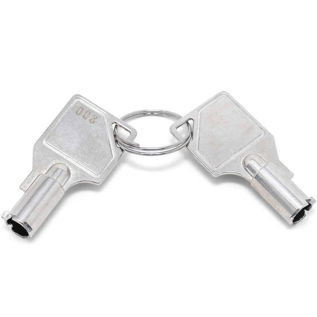 Two silver metal keys on a split keyring with the number 008 debossed into them, photographed on a clean white background.