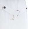 Close up of the white belt with a metal o-ring on a mannequin against a white background.