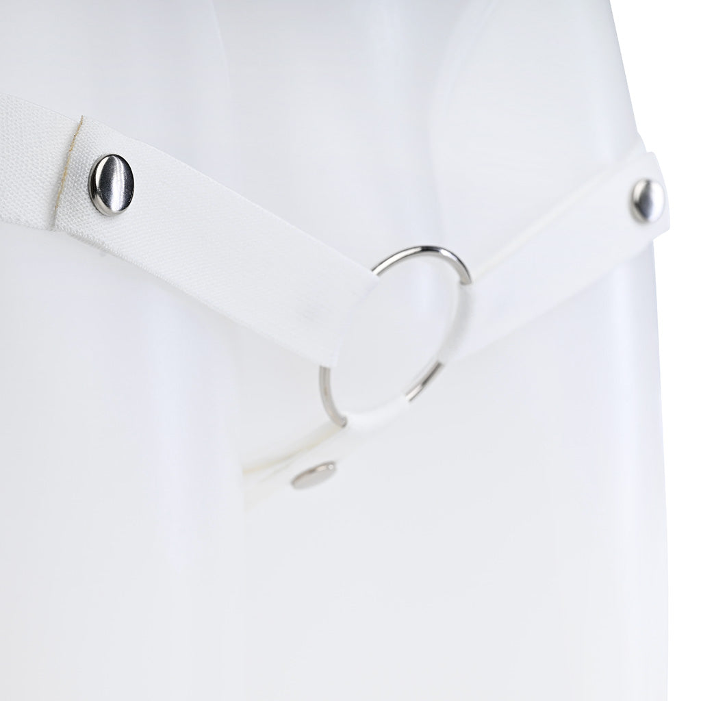 Close up of the white belt with a metal o-ring on a mannequin against a white background.