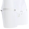 A white elasticated strap that attaches at 3 different points to a metal o-ring.