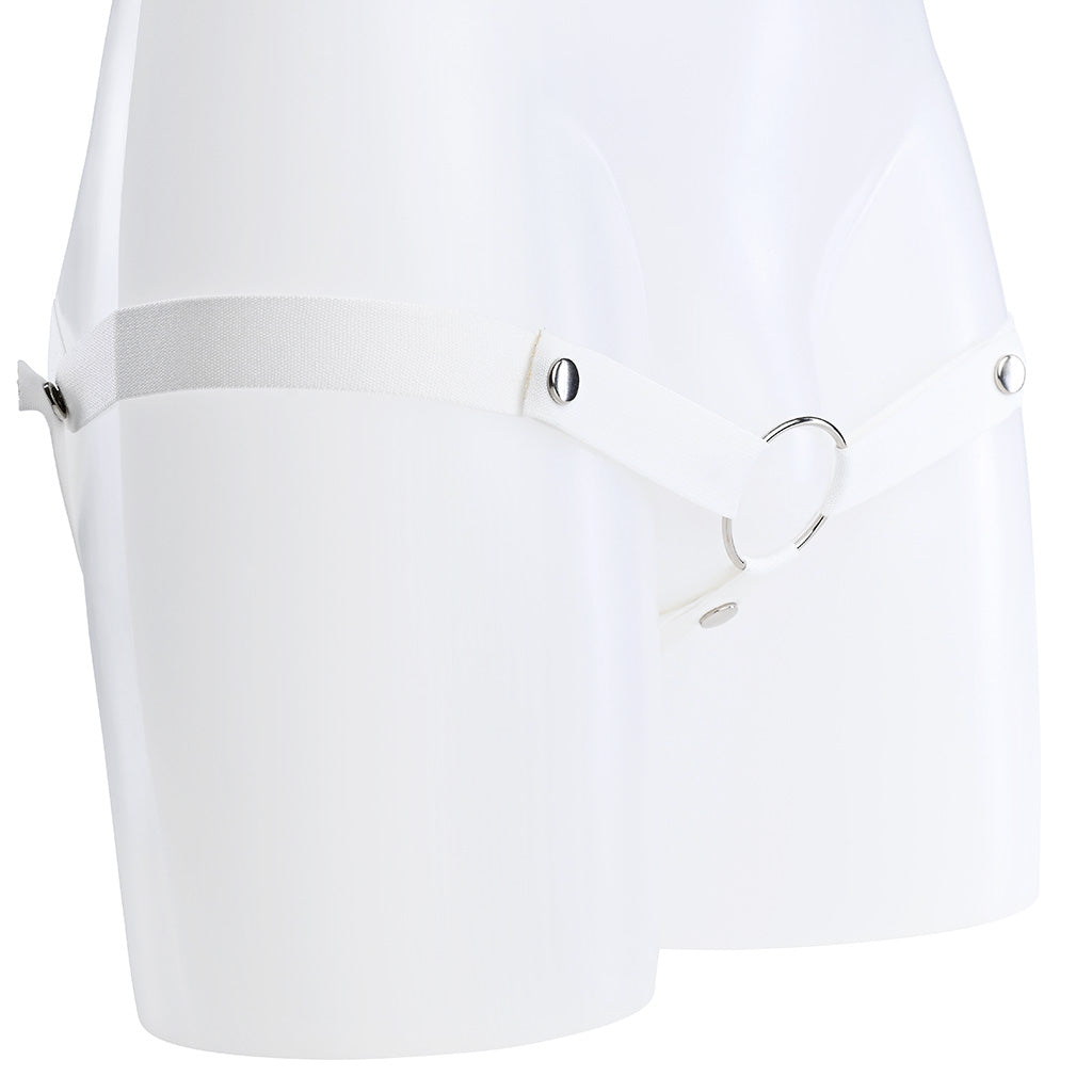 A white elasticated strap that attaches at 3 different points to a metal o-ring.