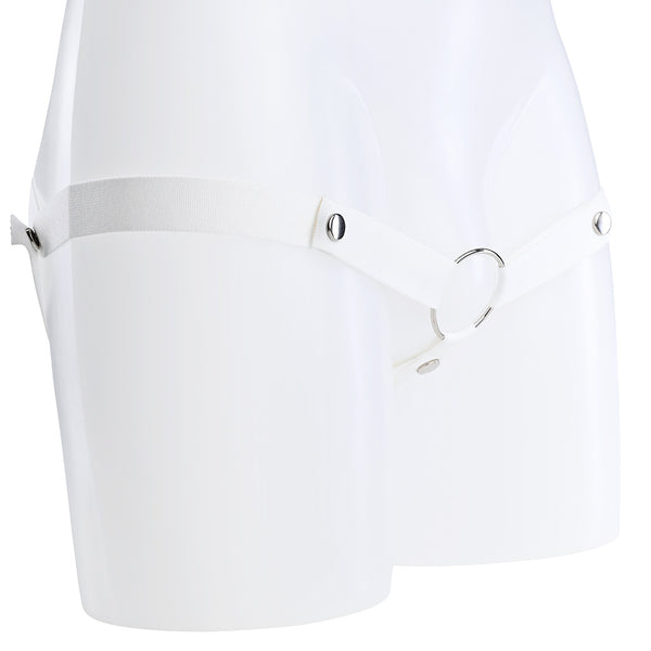 A white elasticated strap that attaches at 3 different points to a metal o-ring.