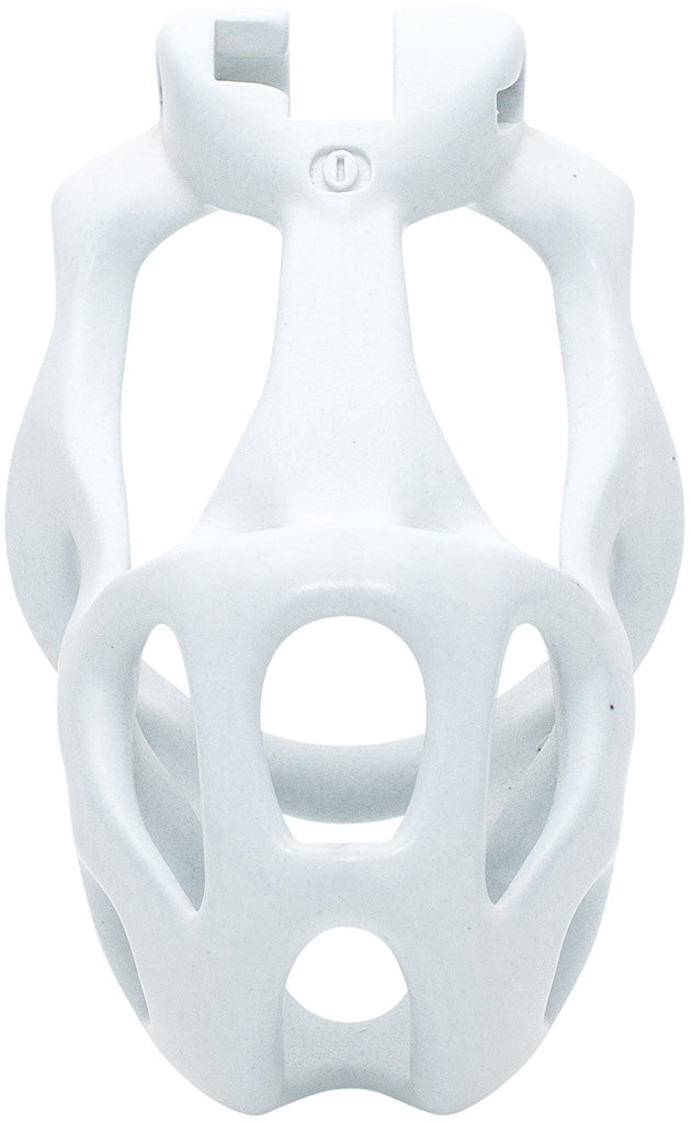 White Hera chastity cage in medium size with a barrel lock system.