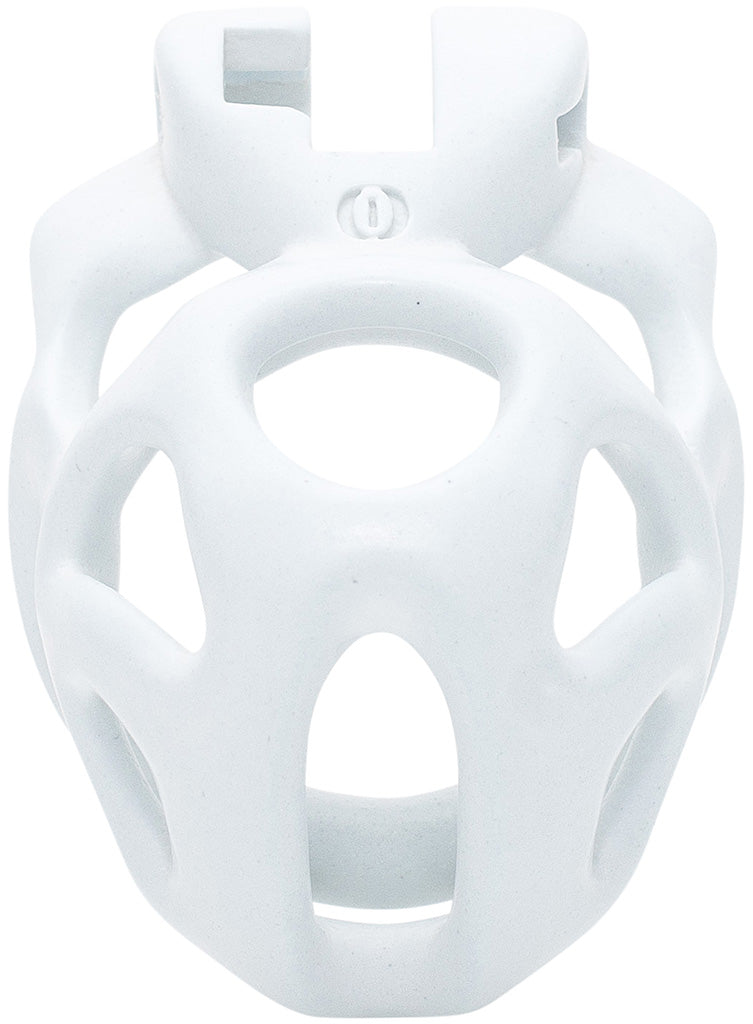 White Hera chastity cage in XS size with a barrel lock system.