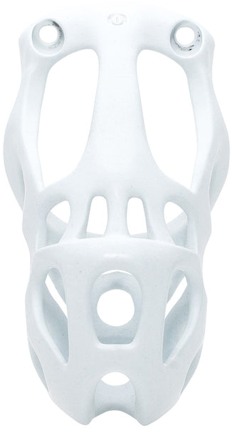 White Hera chastity cage in large size with a hexlock system.