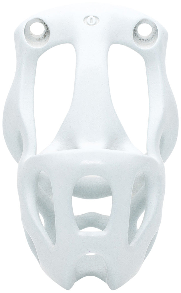 White Hera chastity cage in medium size with a hexlock system.