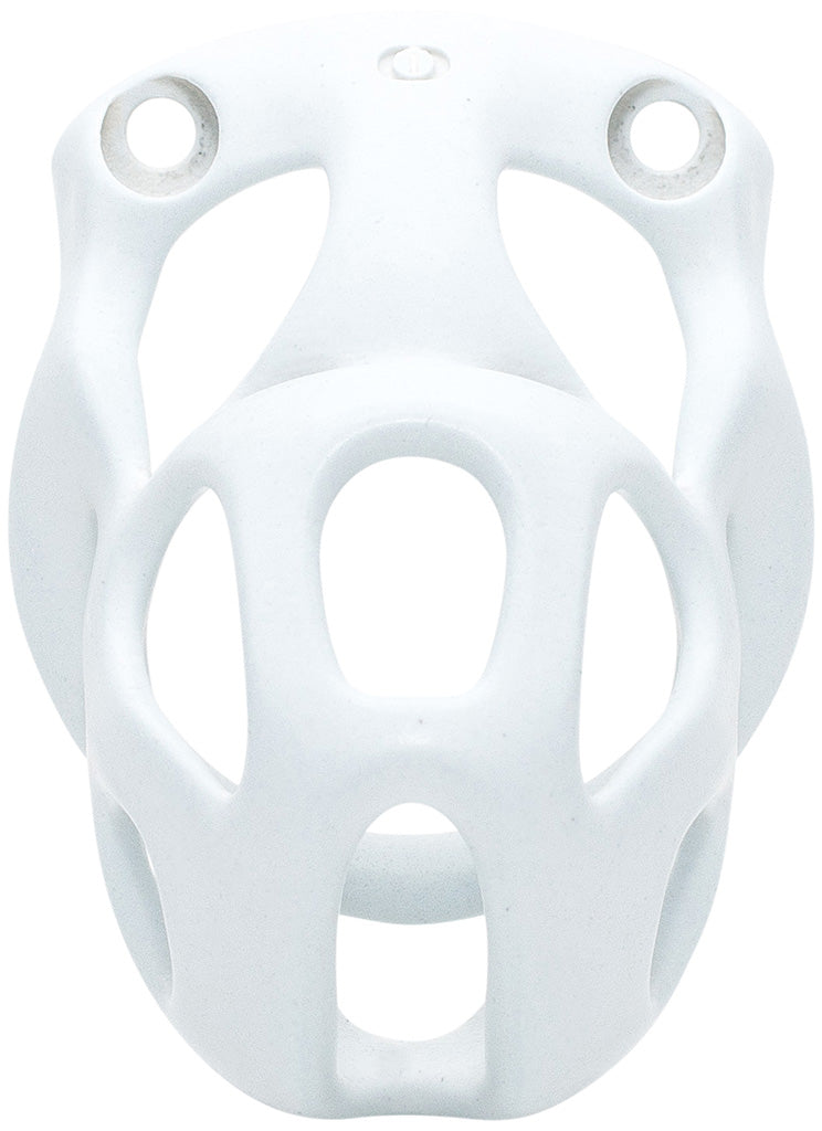 White Hera chastity cage in small size with a hexlock system.