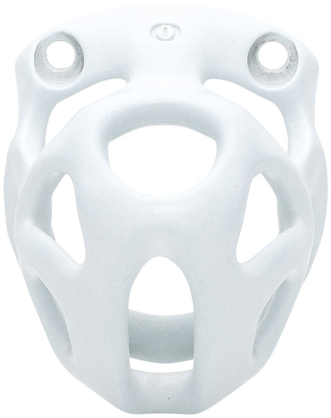White Hera chastity cage in XS size with a hexlock system.