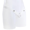 White elastic waist strap with multiple button poppers on the front attached to a metal o-ring.