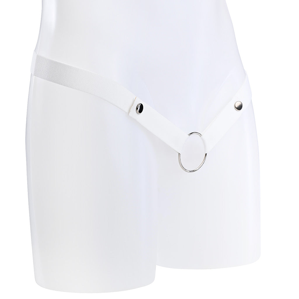 White elastic waist strap with multiple button poppers on the front attached to a metal o-ring.
