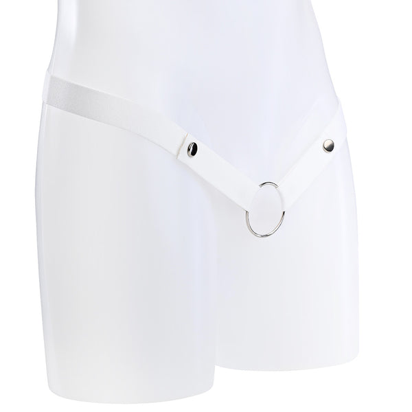 White elastic waist strap with multiple button poppers on the front attached to a metal o-ring.