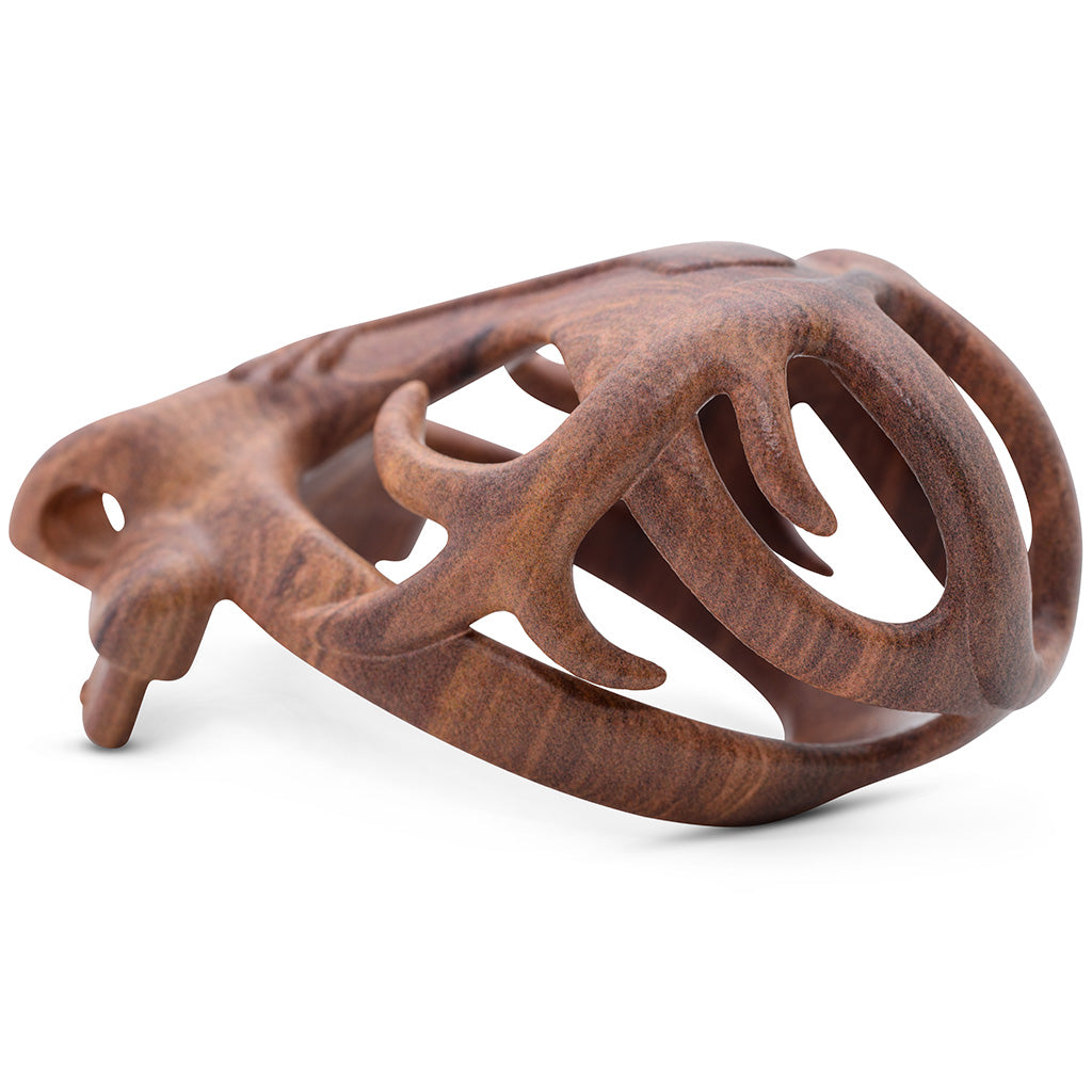 Side view of the wood effect Orion cage with barrel lock hole at the top.