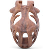 Front view of the wood effect Orion chastity cage with inward facing horns on either side. Top of the cage has a barrel lock system.
