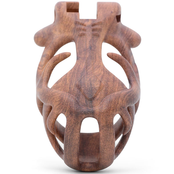 Front view of the wood effect Orion chastity cage with inward facing horns on either side. Top of the cage has a barrel lock system.