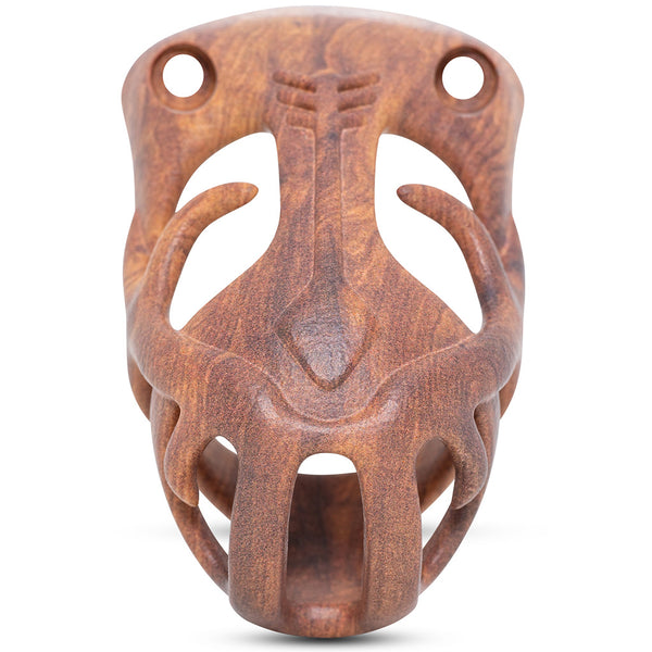 Front view of the wood effect Orion chastity cage with inward facing horns on either side. Top of the cage has two holes for hexlock screws.