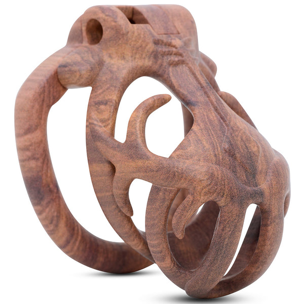 A colour 3D printed chastity kit with a wood effect pattern, antler style features and a barrel lock locking system.
