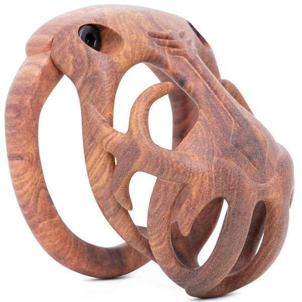A colour 3D printed chastity kit with a wood effect pattern, antler style features and a hexlock locking system.
