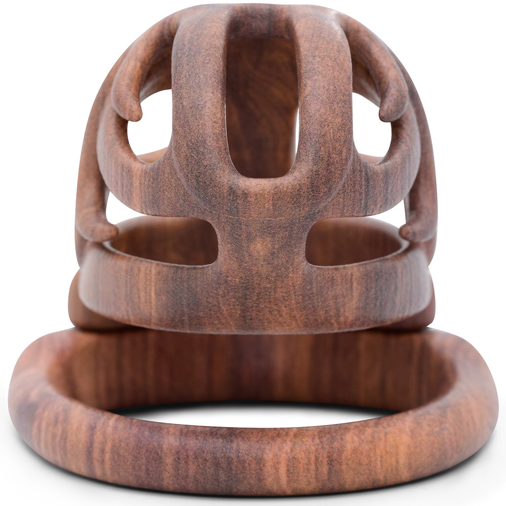 Bottom of the wood effect Orion barrel lock chastity kit showing the gap size between the cage and back ring.