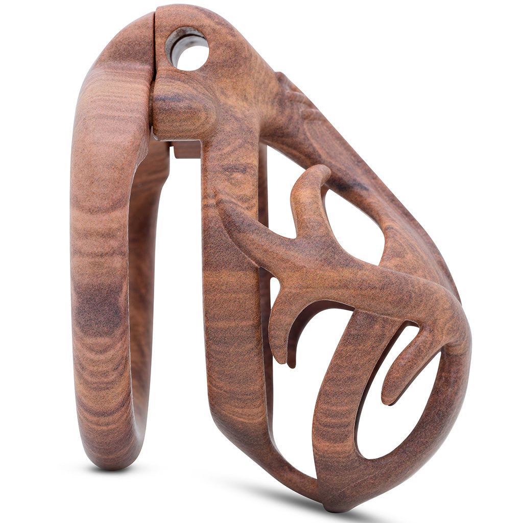 Side view of the wood effect Orion chastity kit.
