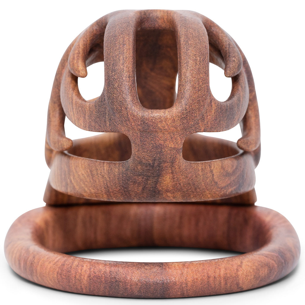 Bottom view of the Orion wood effect cage showing the front opening, gap size and curved horns along the side of the kit.