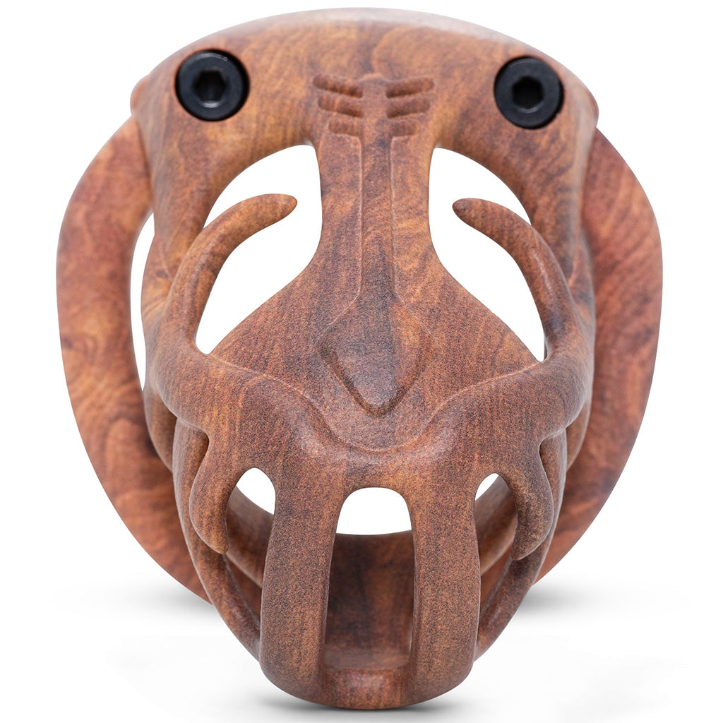 Front of the Orion hexlock wood effect chastity kit with two black screws.