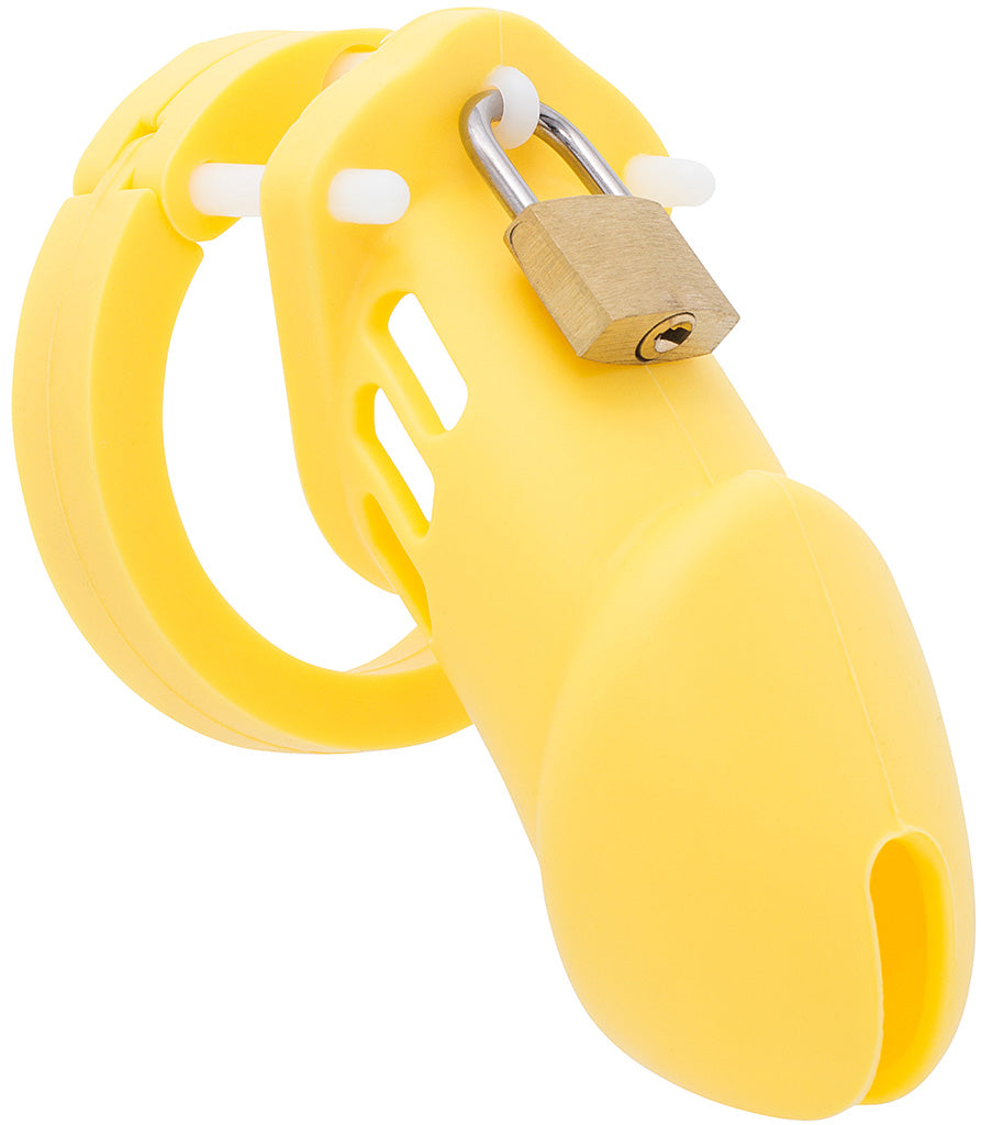 Yellow HoD600 silicone cock cage.