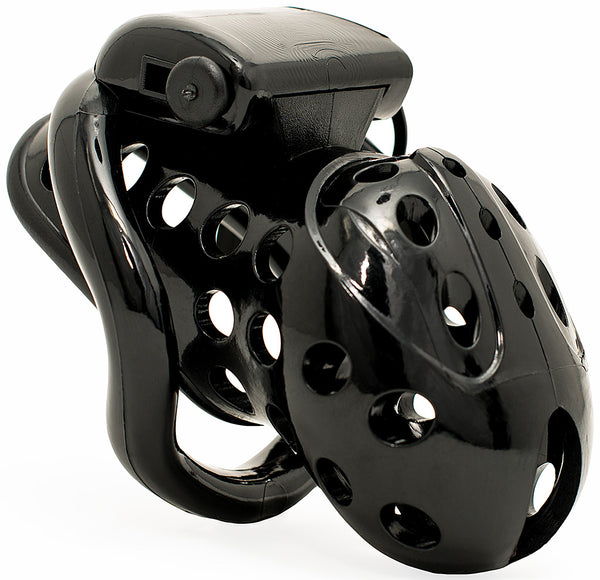 Black small size HoD398 chastity device with the supplied plastic locking pin inserted in the lock hole.