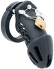Black standard size HoD601 silicone chastity cage with a brass padlock locked to a metal wire, which is looped through 3 white guide pins.
