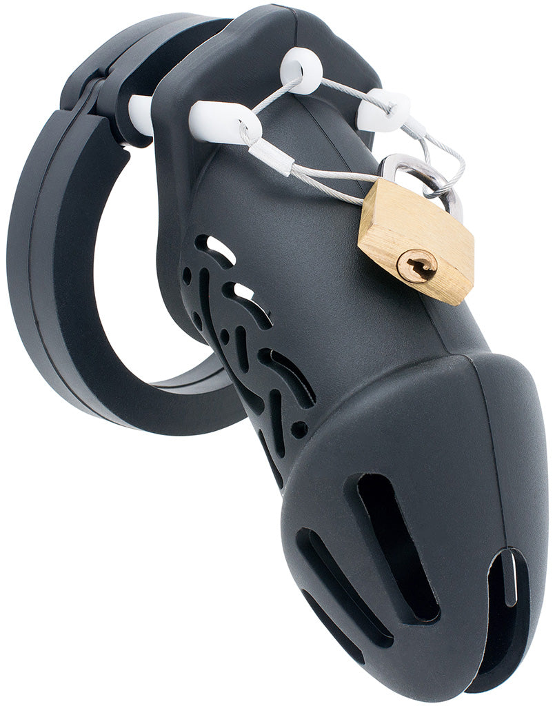 Black standard size HoD601 silicone chastity cage with a brass padlock locked to a metal wire, which is looped through 3 white guide pins.