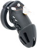 Black HoD601 silicone chastity cage with a one time use numbered zipper lock looped through 3 white guide pins.