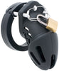 Black HoD601S small silicone chastity cage with a brass padlock attached to a metal locking wire, which is looped through 3 white guide pins.