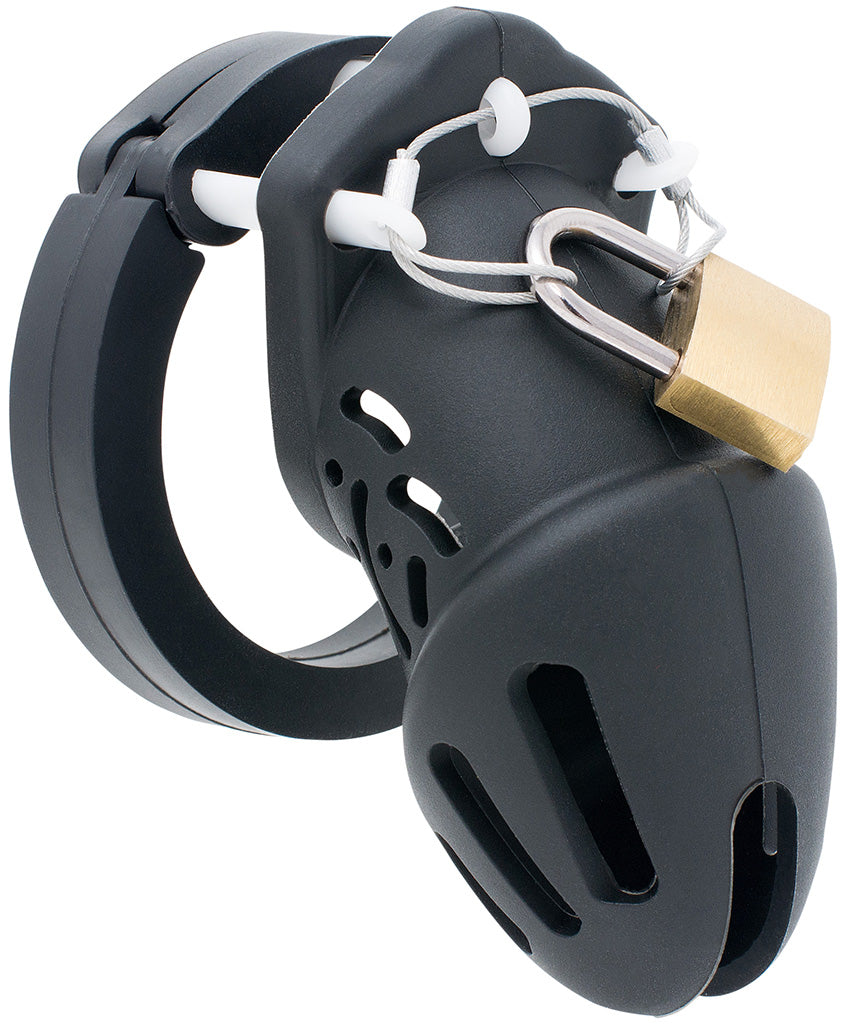 Black HoD601S small silicone chastity cage with a brass padlock attached to a metal locking wire, which is looped through 3 white guide pins.