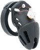 Black HoD601S small silicone chastity cage with a one time use numbered zipper lock looped through the front of 3 white guide pins.