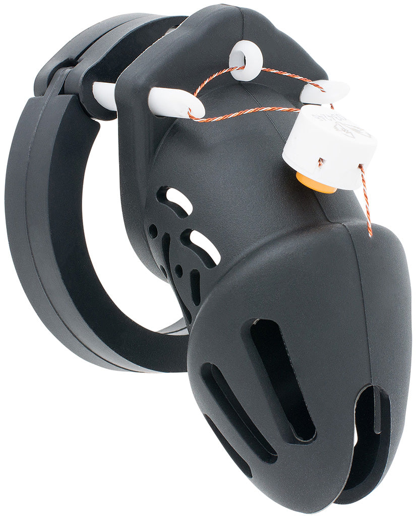 Black HoD601S small silicone chastity cage with a one time use numbered zipper lock looped through the front of 3 white guide pins.