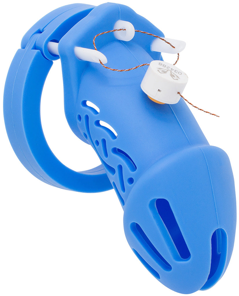 Blue HoD601 silicone chastity cage with a one time use numbered zipper lock.