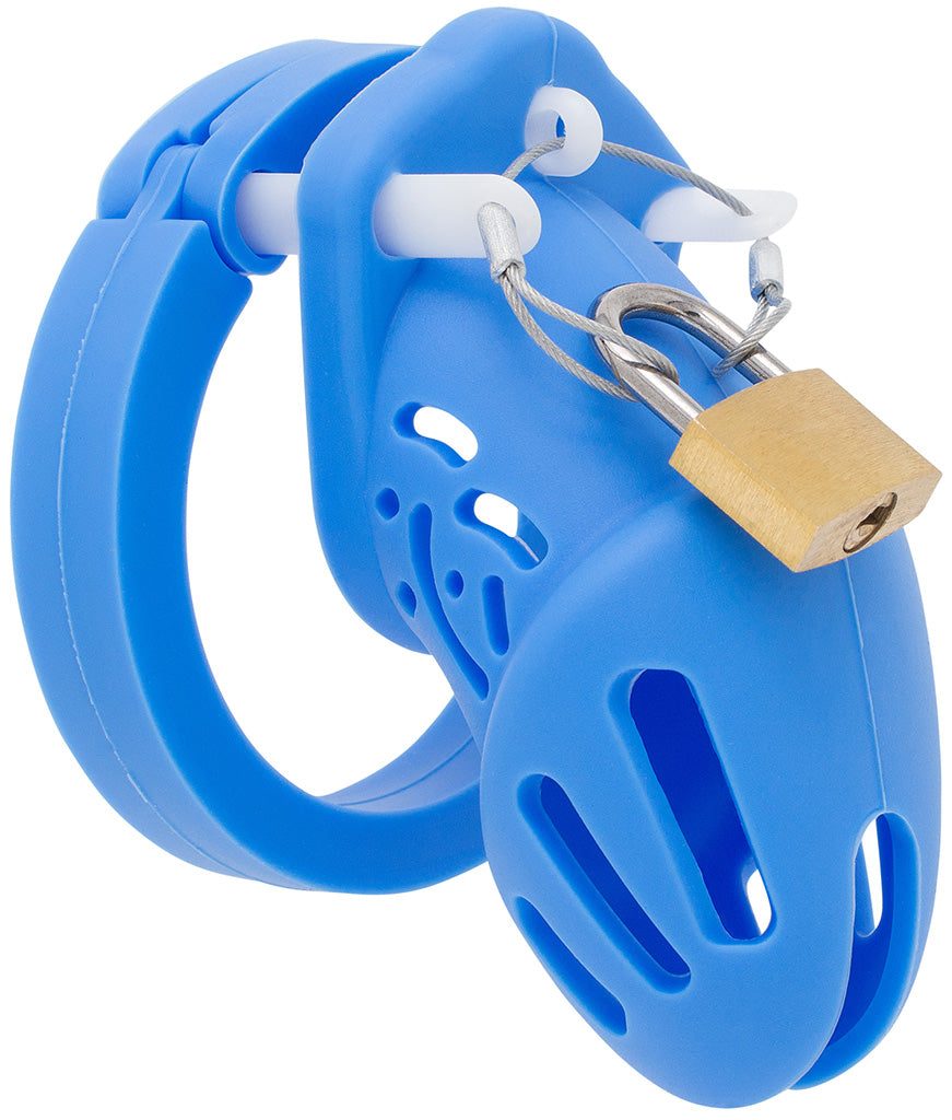 Blue HoD601S silicone chastity cage with a padlock.
