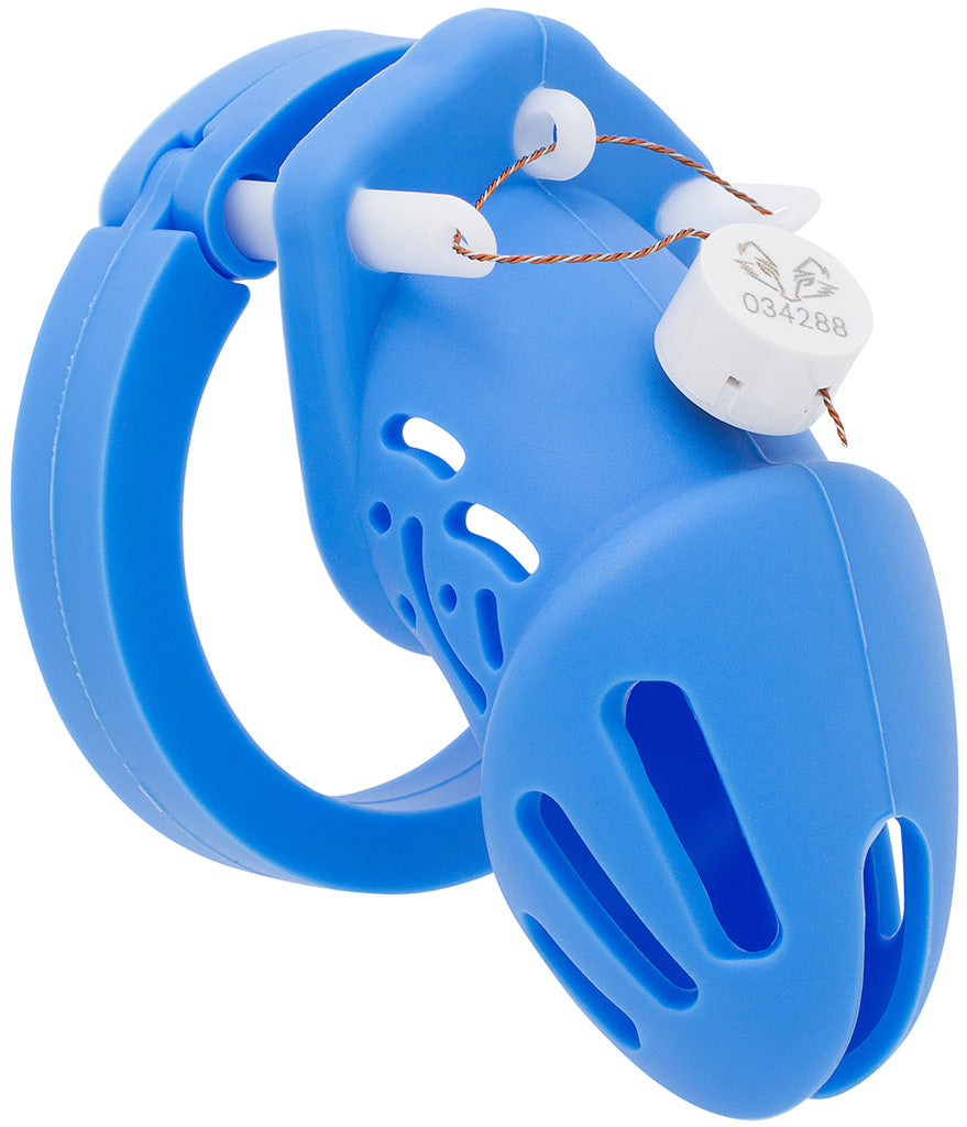 Blue HoD601S silicone chastity cage with a one time use numbered zipper lock.