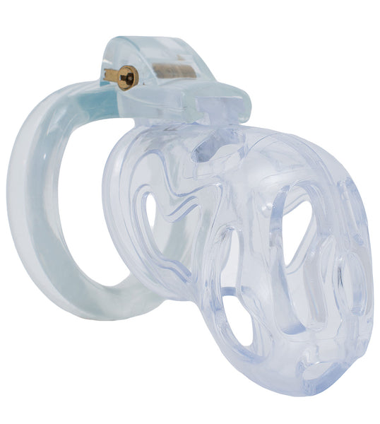 Clear plastic HoD226 male chastity device with an angled front, various airholes in different shapes, a thick circular back ring and a brass sliding lock at the top.