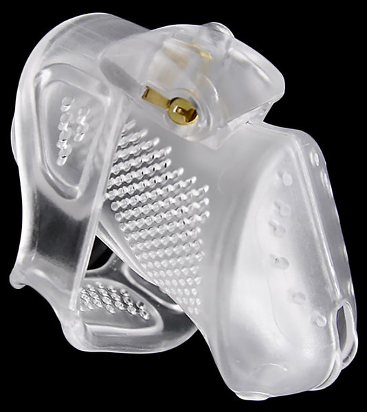 Small size clear plastic HoD373 male chastity device with a brass lock inserted into the lock hole on the top of the cage. The side of the cage is covered in small air holes.