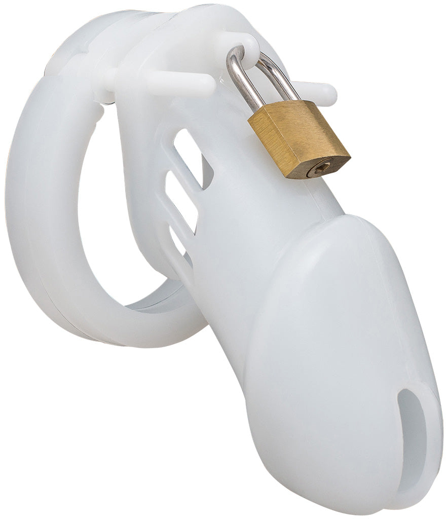 A standard size clear HoD600 silicone male chastity device showing two plastic side pins and a brass padlock attached to a central guide pin at the top of the cage.