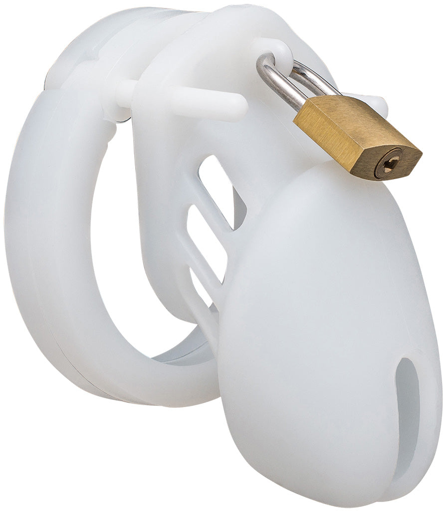Small clear HoD600S silicone male chastity device with a brass padlock attached to a white plastic central guide pin at the top of the cage, three cylindrical shaped air vents on the side of the cage and an opening at the bottom of the cage.