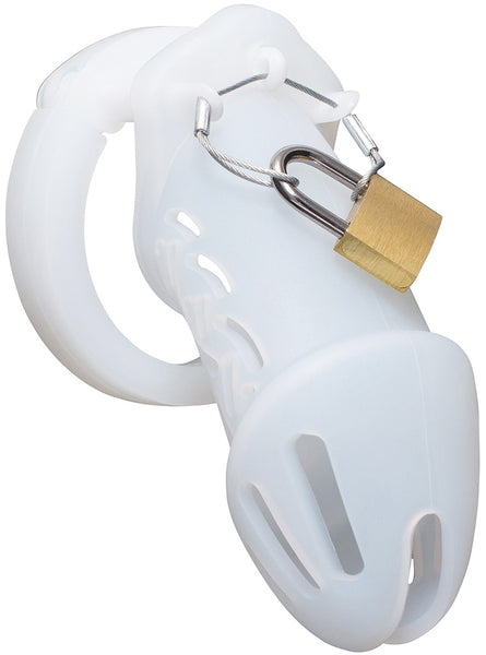 Clear HoD601 silicone chastity cage with a padlock.